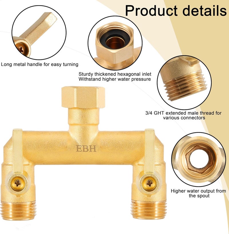 EBH Garden Hose Splitter, Full Flow Outdoor Faucet Splitter, 2-Way High Flow Brass Heavy Duty Hose Splitter with Long Metal Handle。 - Image 3